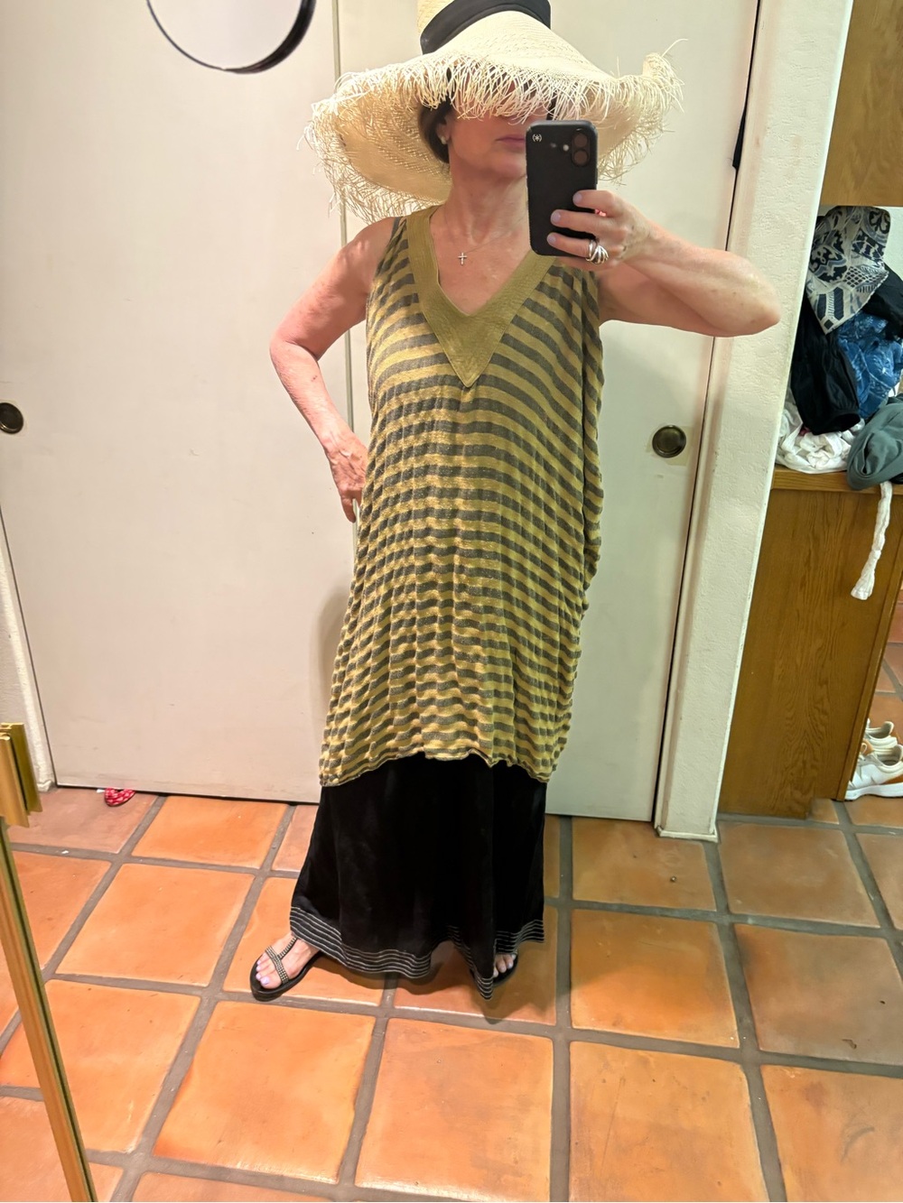Striped V-Neck Sleeveless Tunic Top in Olive and Gray